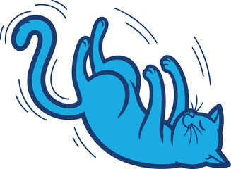 Naklejka premium Playful blue cat rolling on its back with motion lines indicating movement, conveying joy and fun.