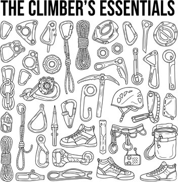 Hand-Drawn Climbing Essentials Vector Set. Detailed Collection of Outdoor Sport Equipment and Gear in Black and White Outline for Climbers.
