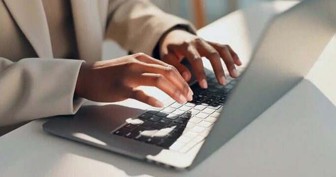 Business person hands typing on laptop keyboard in bright office side view shot.