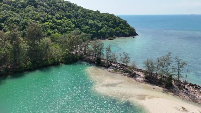 Aerial Pull Back from Koh Tae Nai Coast Revealing Central Lagoon and Surrounding Sea Thailand