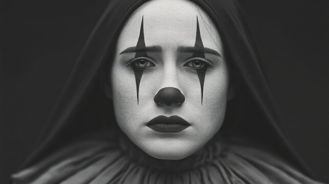 Close up portrait of a sad person wearing dramatic clown makeup and a dark hood in black and white