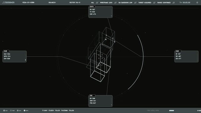 This futuristic head up display features a minimalist black and white interface with active telemetry data panels. A central wireframe object, resembling a mechanical unit, rotates within a circular s
