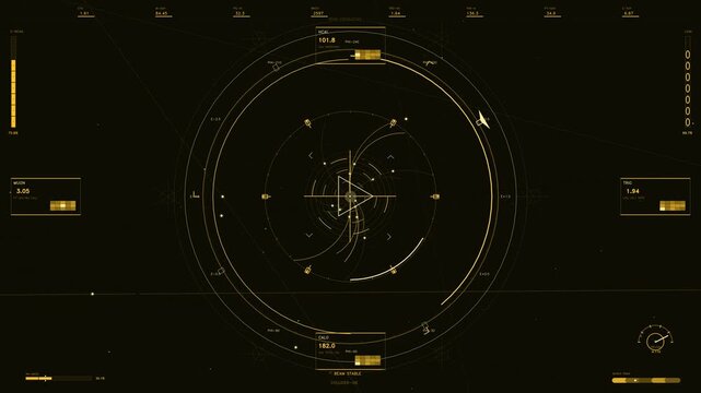 A sophisticated golden themed head up display featuring complex particle physics telemetry and scanning elements. The interface displays real time data metrics, including energy levels, beam stability