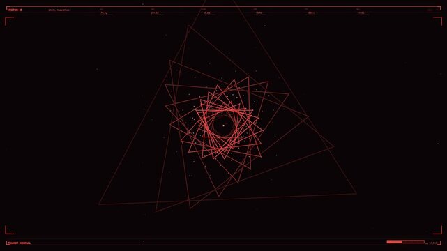 This futuristic head up display features a complex sequence of red geometric triangles rotating and spiraling around a central point. The interface is framed by tactical telemetry readouts including f