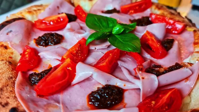 A delicious artisan pizza spins slowly, showing ham, tomatoes, and fresh basil.