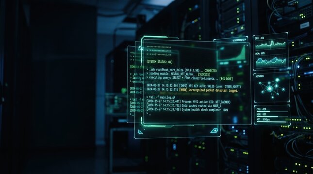 Futuristic command line interface with neon green code on transparent screens in a dark server room