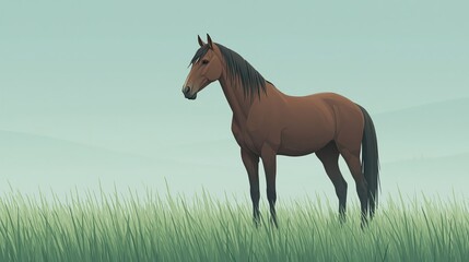 Obraz premium A Majestic Brown Horse Standing Calmly in a Vast Green Meadow Under a Soft Pastel Colored Sky