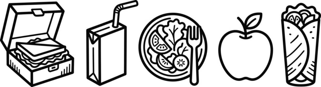 Set of healthy lunch food icons and meal items