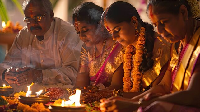 Four participants including an elderly man and two women wearing sari with tilak marks engage in a traditional Hindu religious ritual in India, with lit diya brass lamps, scattered marigold petals,