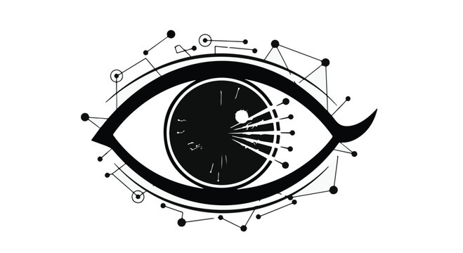 Eye icon integrated with digital nodes and connection lines symbolizes the advanced nature of artificial intelligence monitoring and biometric security systems in our modern technological landscape.
