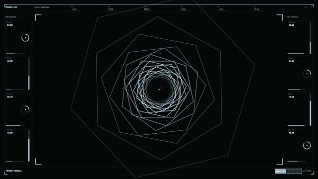 A dark, high contrast screen featuring a complex cyan and white heads up display. A central tunnel of rotating geometric polygons creates a sense of forward motion through space. The perimeter is fill