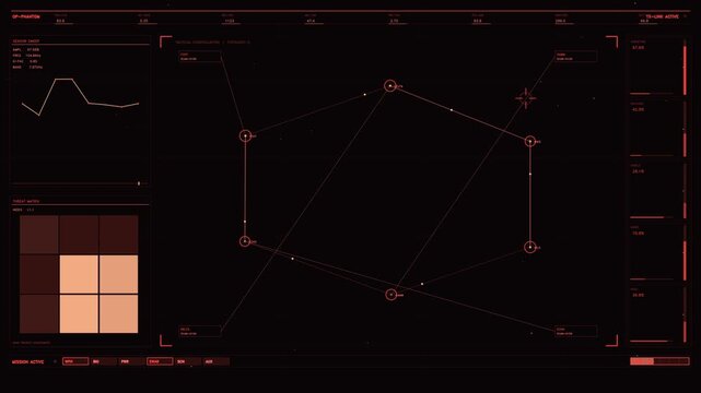 A sophisticated red and orange futuristic head up display featuring a central tactical constellation map. The interface includes dynamic sensor sweep graphs, a threat matrix with color coded blocks, a