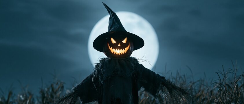 Eerie Scarecrow under a Full Moon. Scarecrow with the head of a halloween pumpkin in a field with full moon in the sky.