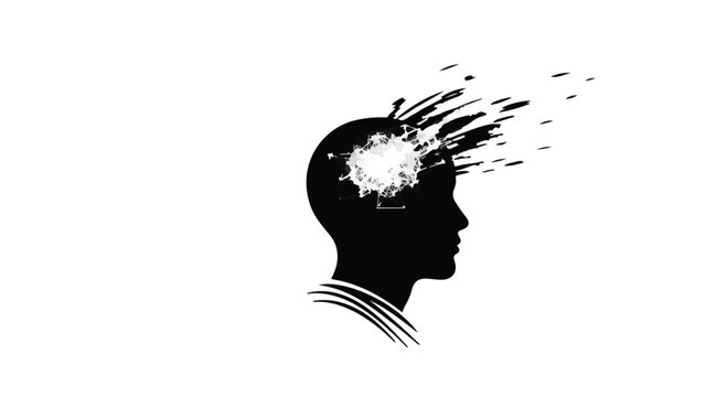 Human head profile silhouette experiencing a sudden mental breakdown or exploding thoughts, illustrating the intense pressure and emotional stress of contemporary life in a creative graphic style.