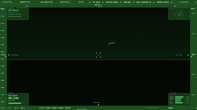 This green monochrome head up display simulates a futuristic cockpit interface for a fighter jet or spacecraft. The screen features detailed telemetry including a tactical map, weapon status for a mas