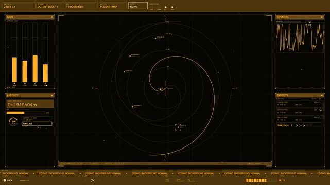 A sophisticated amber toned head up display shows a deep space navigation interface. The screen features a central spiral radar scan tracking celestial bodies like exoplanets and magnetars. Surroundin