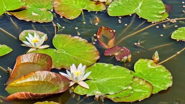 Beautiful white water lilies float gracefully on a peaceful pond surrounded by lush green leaves.