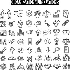 Fototapeta premium Comprehensive Set of Organizational Relations Line Icons: Business, Communication, Teamwork, Growth, Strategy, and Human Resources Concepts