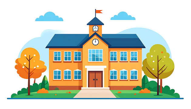 cartoon school building exterior facade with trees and clouds, education concept