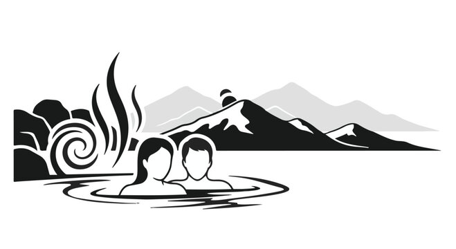 Couple relaxes in a steaming thermal spring surrounded by jagged mountain peaks in a monochromatic illustration that highlights the tranquil beauty of a remote geothermal nature destination.