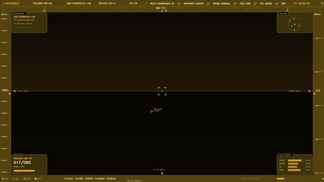 A detailed amber toned futuristic heads up display features a central targeting reticle, tactical map, and real time telemetry data. The interface displays mission objectives, weapon status for a rail