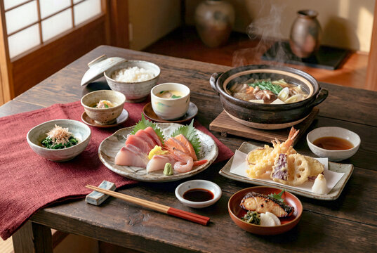 和室で味わう鍋と刺身の和食膳