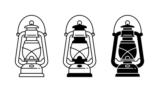 Vintage Lantern Icons, Retro Hurricane Lamp Set, Old Oil Lamp Graphics, Camping Equipment Vector