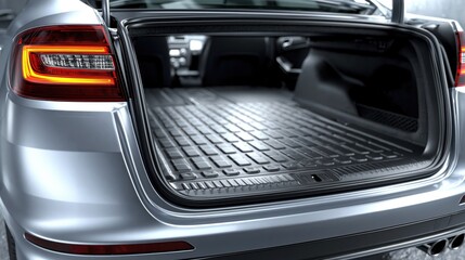Fototapeta premium Open Trunk of a Silver Luxury Sedan with Custom Rubber Cargo Mat Installed Inside