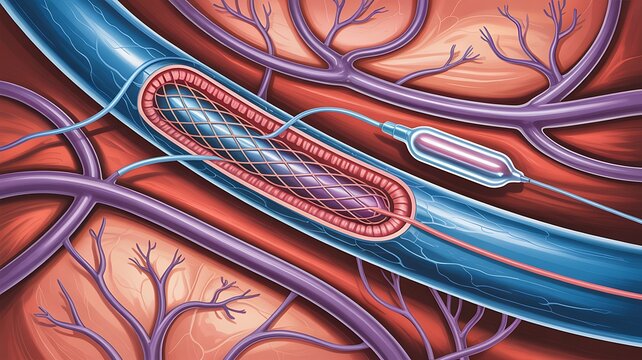 Medical illustration showing aneurysm treatment with surgical clipping procedure