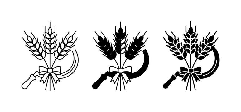 Wheat Sheaves and Sickle Icons, Harvest Symbols, Agricultural Emblems, Rural Design Elements