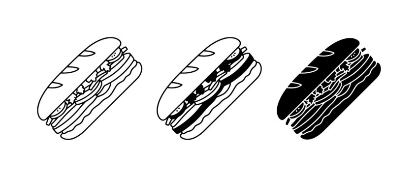 Sub Sandwich Vector Icons, Delicious Fast Food Illustrations, Fresh Ingredients, Takeaway Meal Graphics