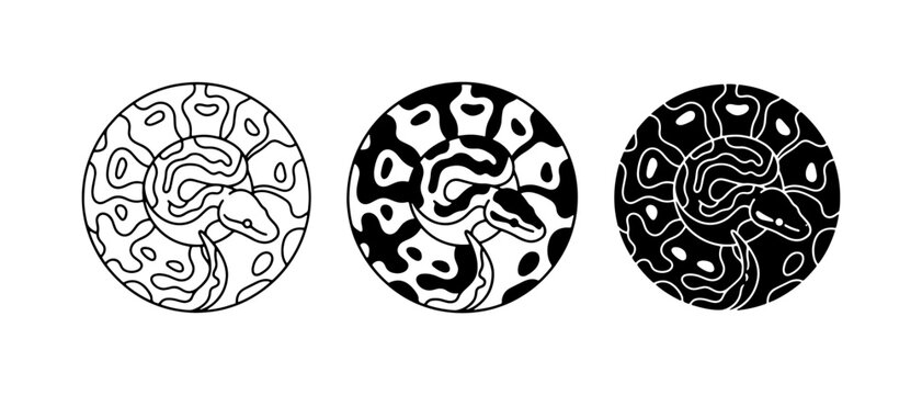 Abstract Circular Snake Patterns, Black and White, Vector Icons