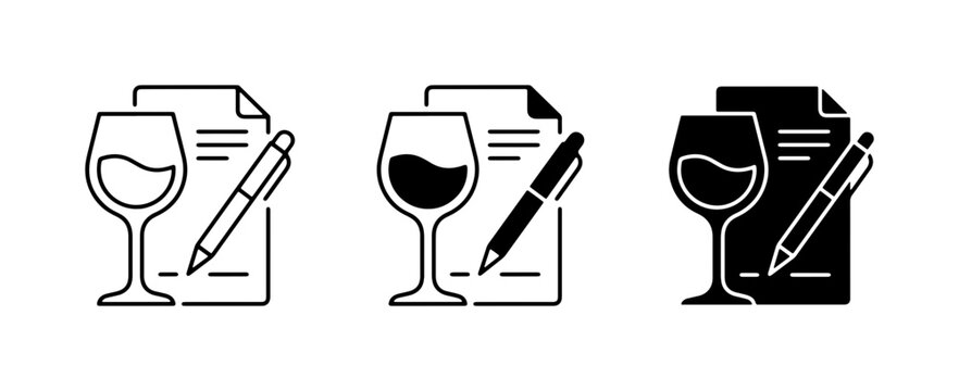 Wine Tasting Notes, Document, Pen, Glass Icons Set. Beverage Review and Analysis Symbols.