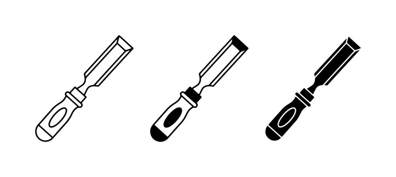 Chisel Icons Set, Woodworking Tools, Carpentry Equipment, Metal and Wood Hand Tools