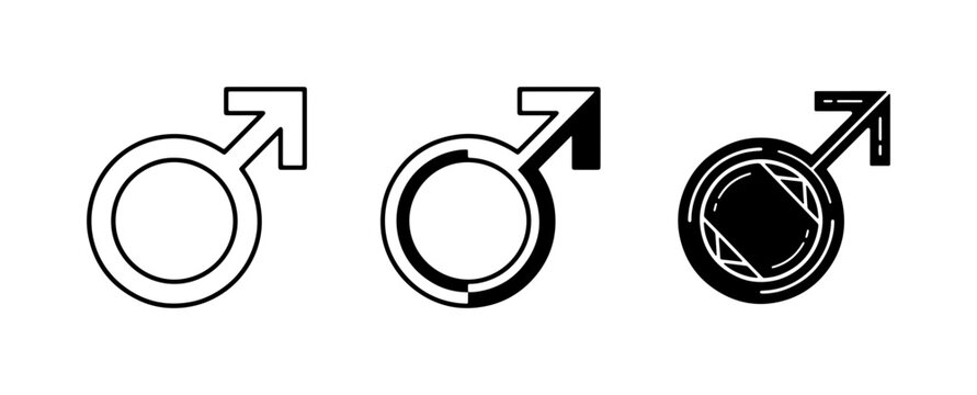 Male Gender Symbols, Mars Icon Variations, Vector Graphics for Identity and Science