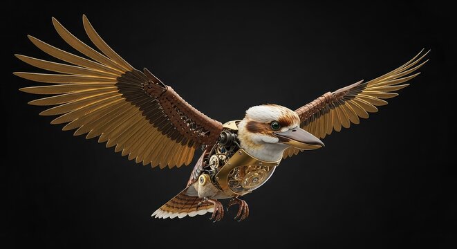 A majestic mechanical kookaburra with golden metallic wings spreads wide, soaring gracefully against a solid deep black background, majestic, intricate, automation