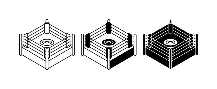 Boxing Ring Icons, Combat Sport Arena Vector Graphics, Fight Competition Stage Illustrations