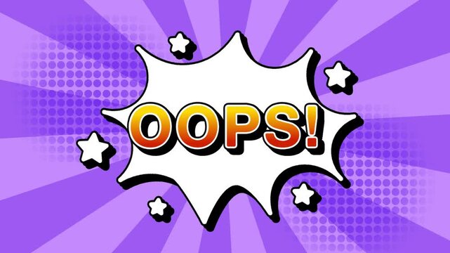 Oops text word lettering popup comic cartoon reveal with bomb and smoke explosion manga anime book page dots with radial speed lines doodle lavender background with seamless loop animation retro