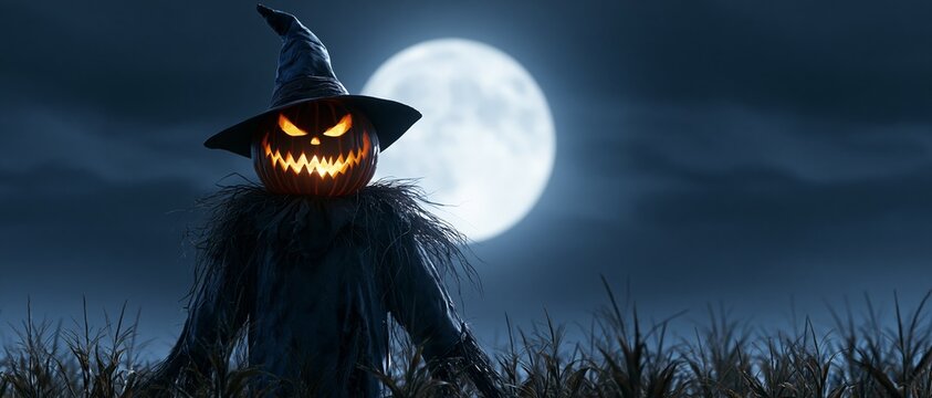 Eerie Scarecrow under a Full Moon. Scarecrow with the head of a halloween pumpkin in a field with full moon in the sky.