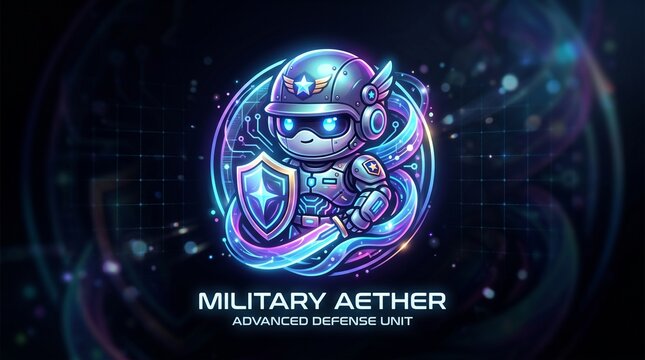 Futuristic neon logo of a cute robot soldier holding a shield and sword