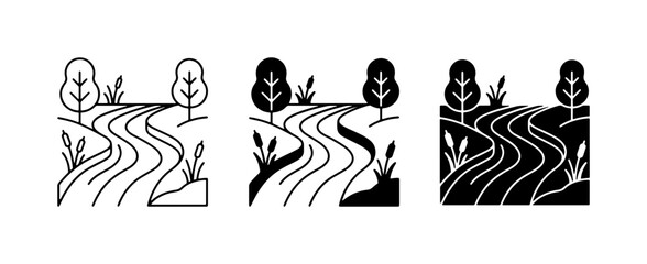 River landscape icons, nature scene vector graphics, flowing water, trees, reeds, outline and silhouette styles © Arif