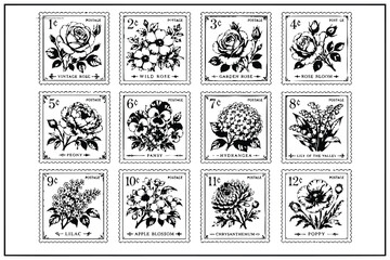 Obraz premium Black and white botanical flower stamps sheet with intricate designs Vector