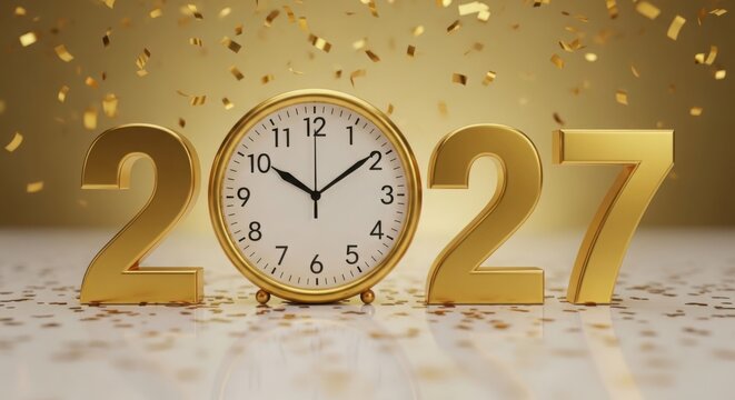 A gold clock and the numbers 2027 illustration