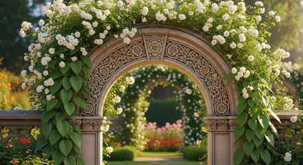 Fototapeta premium A majestic stone archway adorned with climbing white roses and lush green vines stands in a sun-drenched botanical garden with soft light, lush, botanical, spring