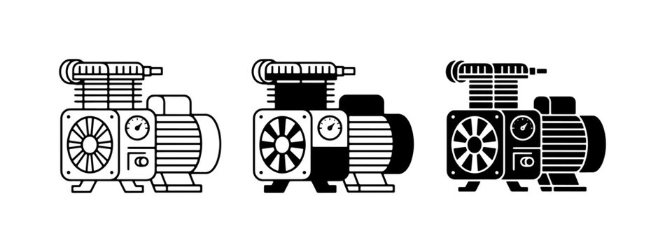Air Compressor Icons Set, Industrial Machine Vector Graphics, Mechanical Equipment Illustrations