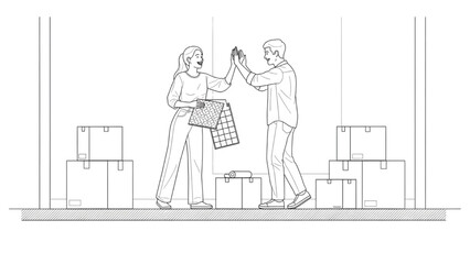Obraz premium Two people high-five in a warehouse with stacked boxes and 2D CAD designs