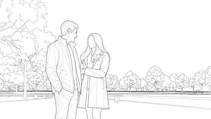 Couple stands in park with 2D CAD designed scenery around them © Stock Image Paradise