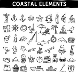 Hand-Drawn Coastal and Beach Elements Collection: Lighthouse, Sea Creatures, Boats, and Summer Holiday Items © louise
