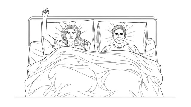 Couple in Bed with One Raising 2D CAD Designed Arm