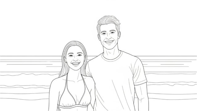 Couple standing on beach in 2D CAD illustration smiling